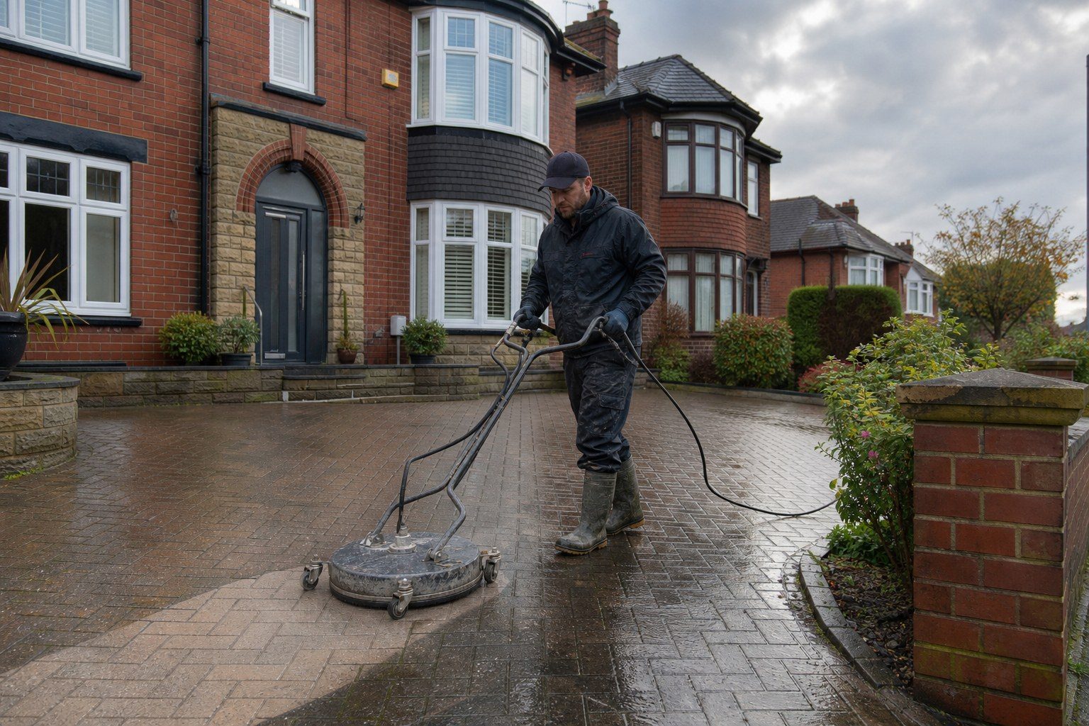 Driveway cleaning operative using a rotary surface cleaner on a block paving driveway outside a red-brick semi