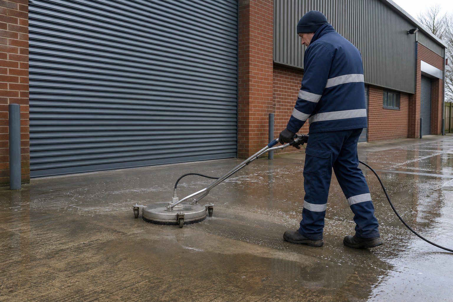 Operative in hi-vis using a rotary surface cleaner on an industrial unit forecourt