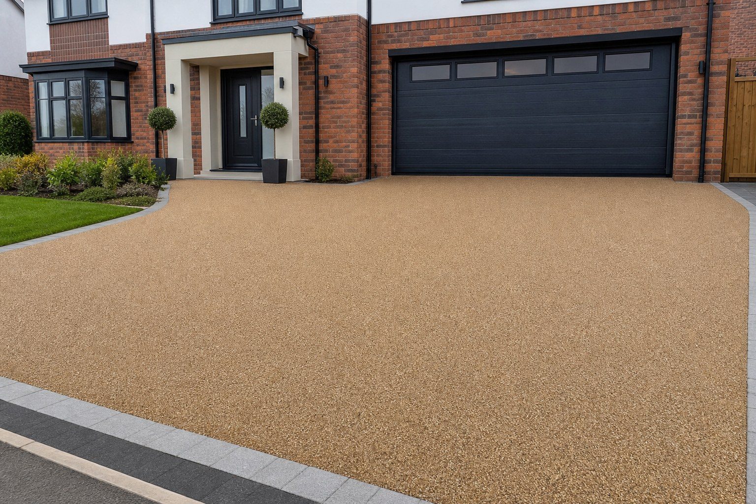 Golden resin-bound driveway in front of a modern brick house
